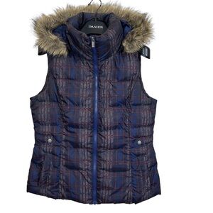 WindRiver Womens Puffer Vest Plaid Faux Fur Detachable Hood Zippered Front Large